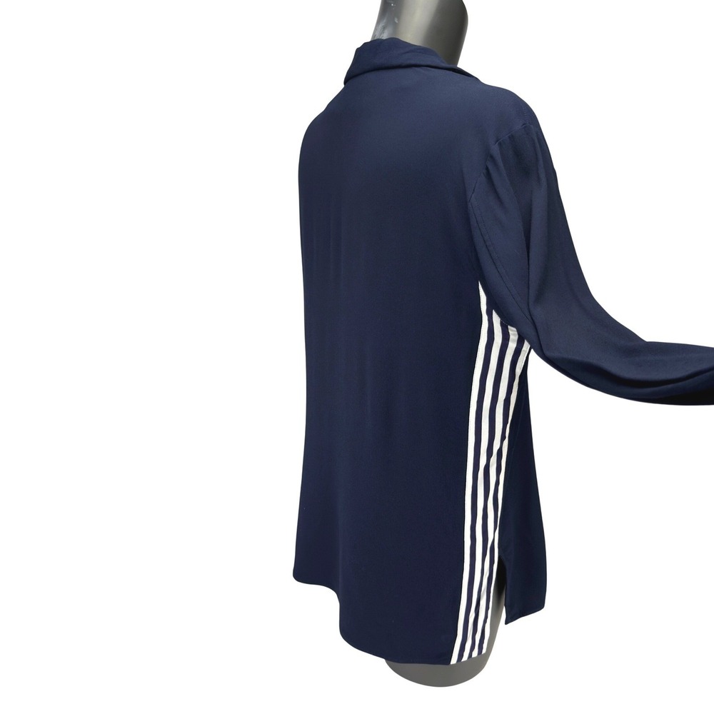 MAX VOLMARY Navy Crepe Blue Button Down w/ Sporty Side Stripes Shirt Blouse s 38